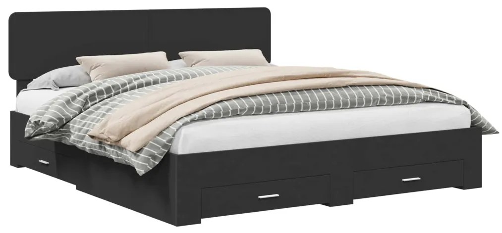 vidaXL Ágykeret fejtámlával fiókkal Fekete 200 x 200 cm Faanyag