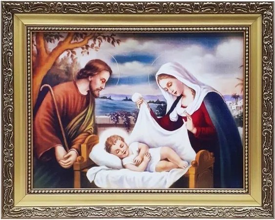 Vászonkép 51x41cm Szent Család (pelenka) arany keret