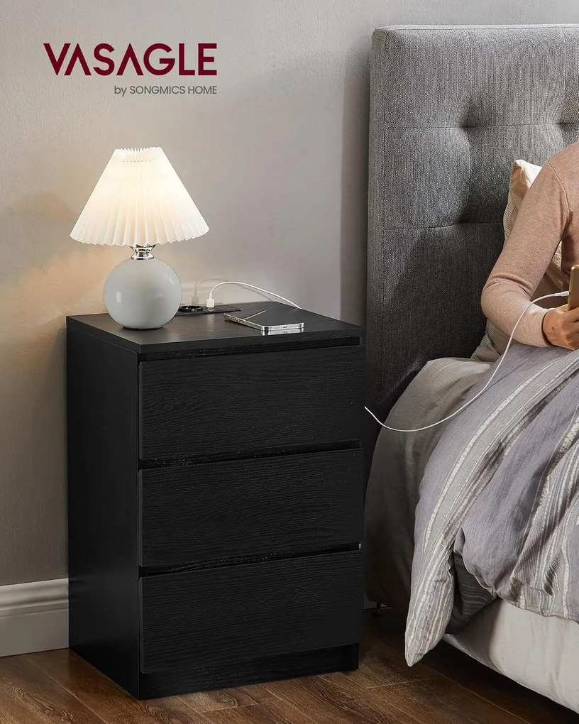 VASAGLE Éjjeliszekrény 2 darabos szett, 2 hálózati aljzattal és 2 USB-porttal, fekete színben