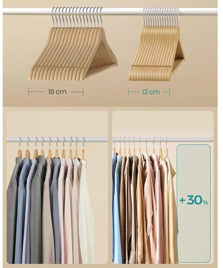 SONGMICS fa vállfa szett, 30 darabos csomag világos bézs színben