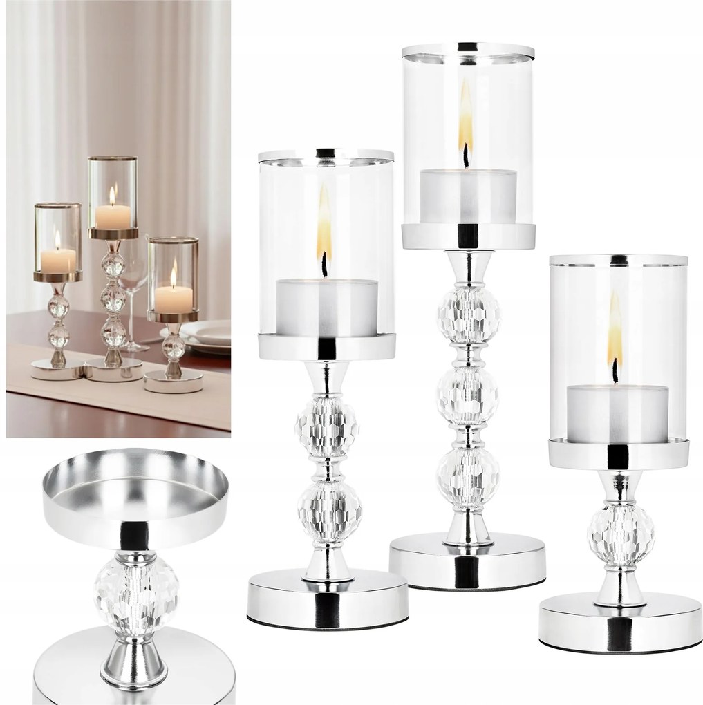 3x Gyertyatartó Szett Fém Üveg Lampion Ezüst Glamour Dekoráció