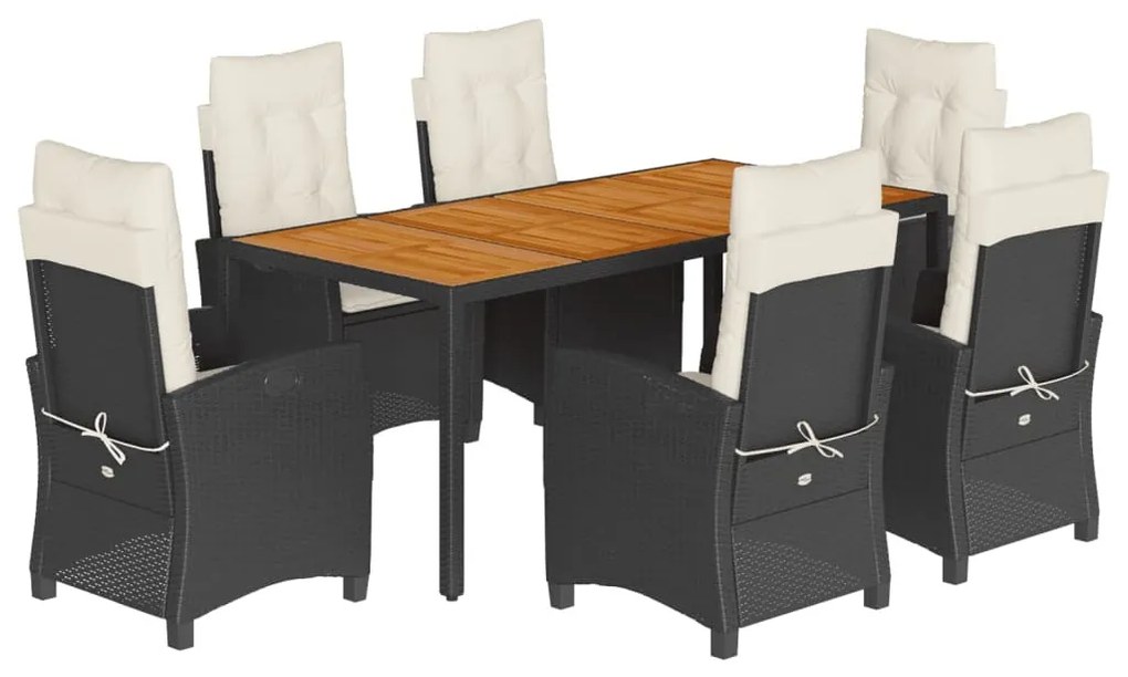 7 részes fekete polyrattan kerti étkezőgarnitúra párnával