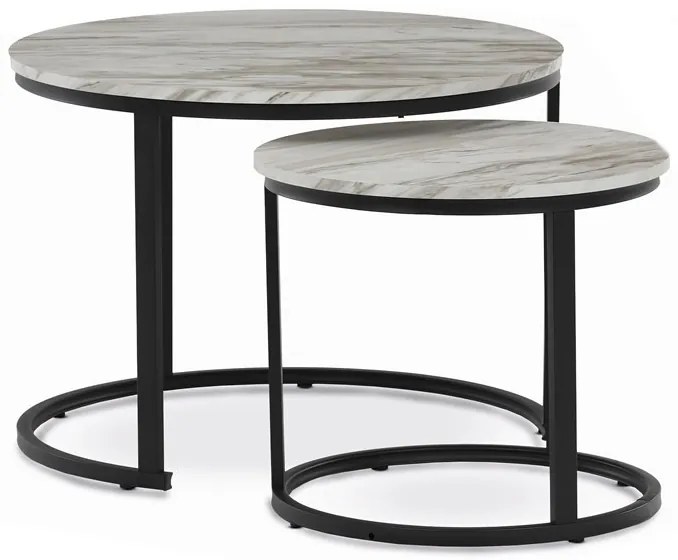 Set de măsuțe de cafea din 2 piese, blat din MDF cu decor marmură, cadru metalic