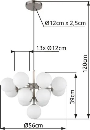 Globo 56143-13N Függeszték fém matt nikkel, fehér színű üveg gömbök, fekete textil kábel, ø: 560mm, M: 1200mm, 13x G9 LED 5W 230V izzók nélkül