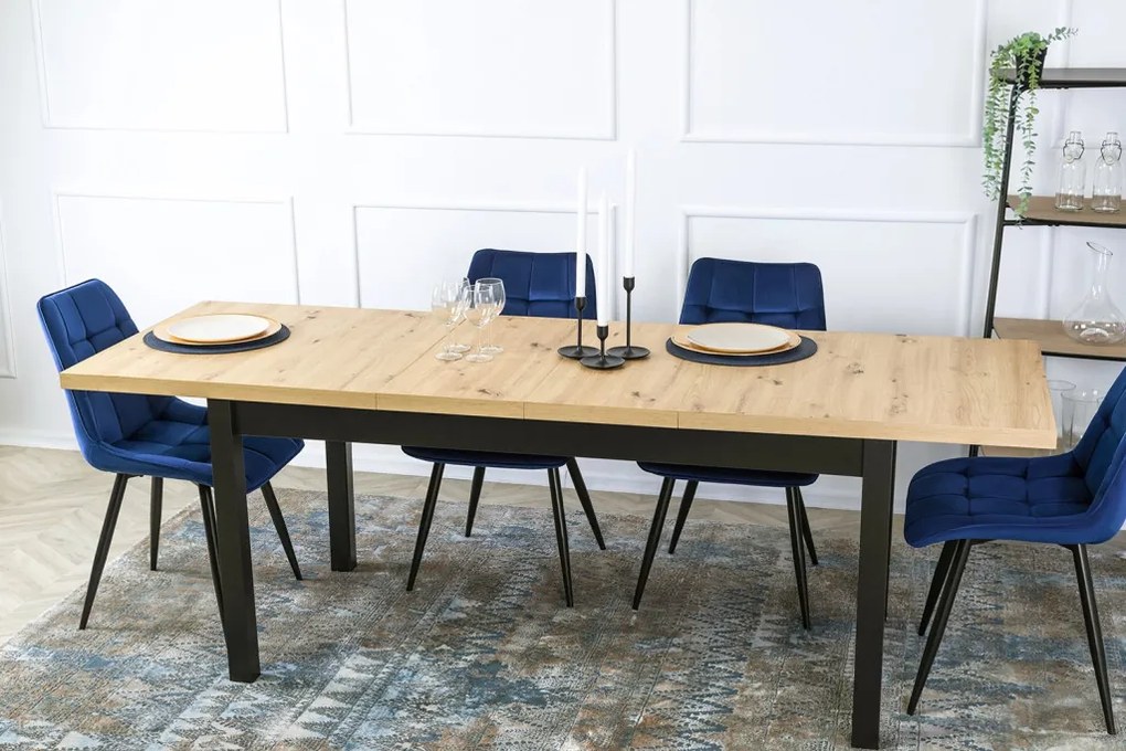 Étkezőgarnitúra 4 db. Sötétkék Rio székkel. Bővíthető asztal HUGO 160-230 cm