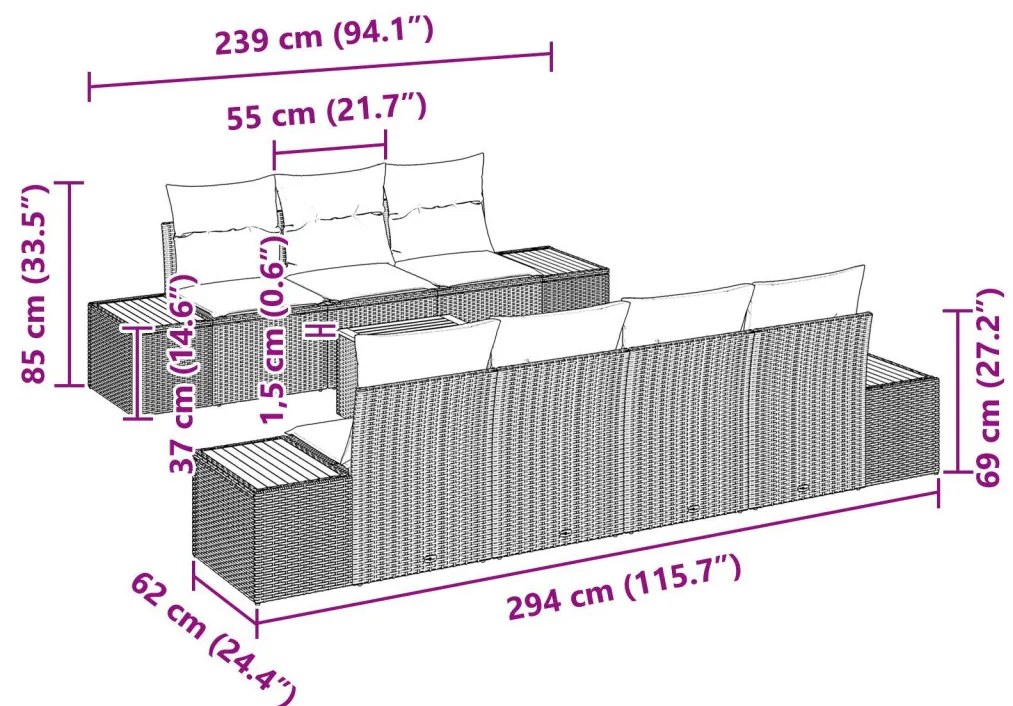 8 részes kerti kanapé szett párnákkal fekete poly rattan akác