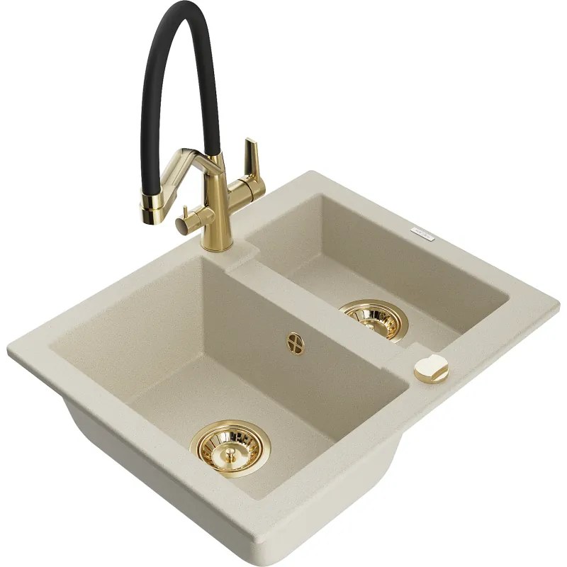 Mexen Carlos 1,5 rekeszes gránit mosogató Duo konyhai csapteleppel, bézs - 6518-69-671701-57-G