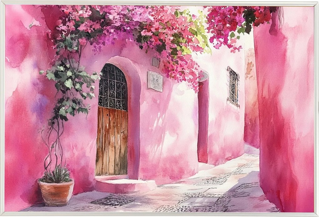 Poszter Keret Alumínium Város Utca Sikátor Ajtó Virágok Marokkó 60x40
