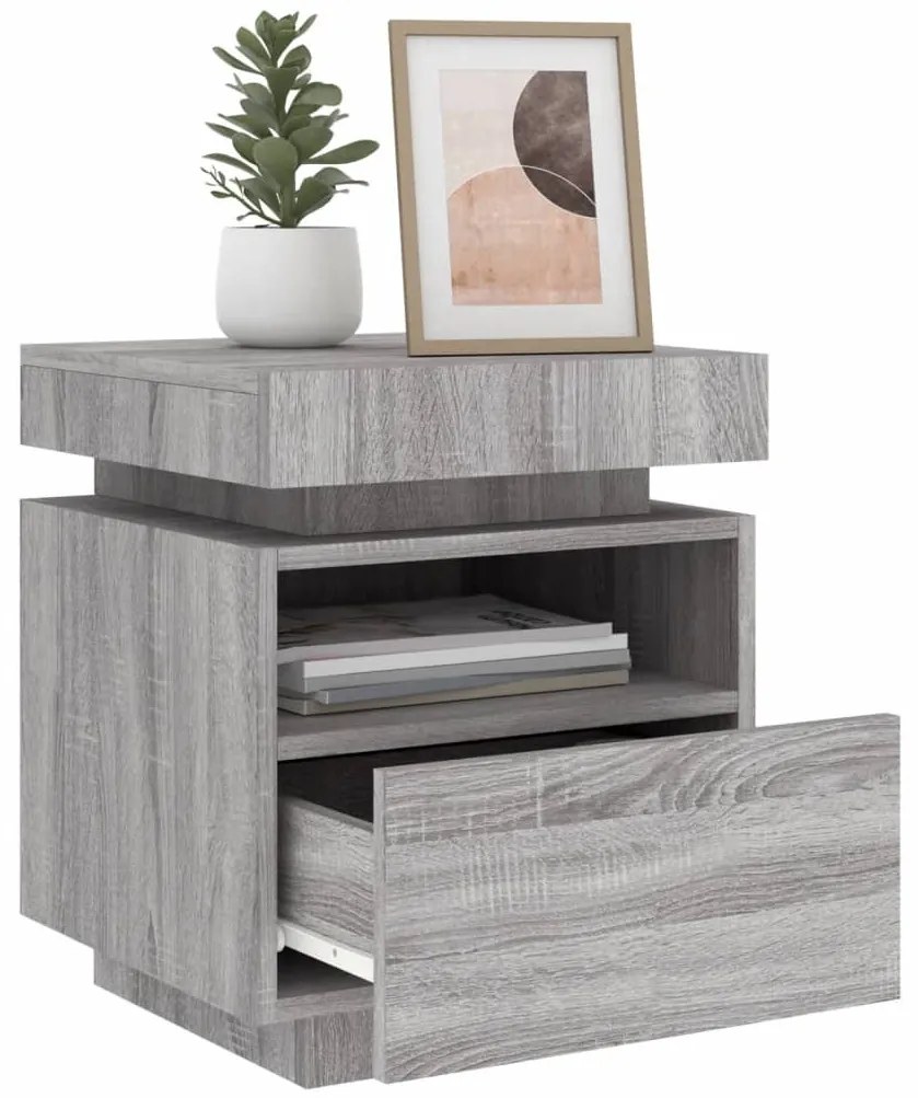 2 db szürke sonoma éjjeliszekrény LED-fényekkel 40x39x48,5 cm