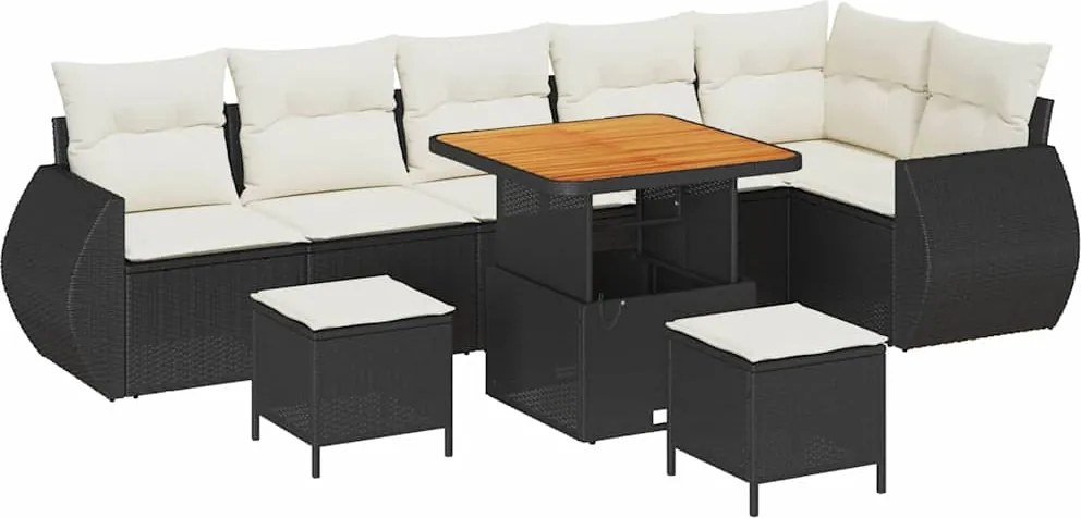 vidaXL Kerti Kanapé Szett párnával 9 pcs Fekete és Krém Poly Rattan
