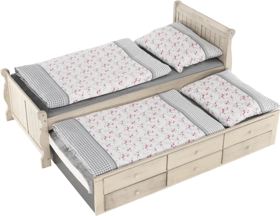 Ágy pótággyal, antik fehér, 90x200, ANTIKO