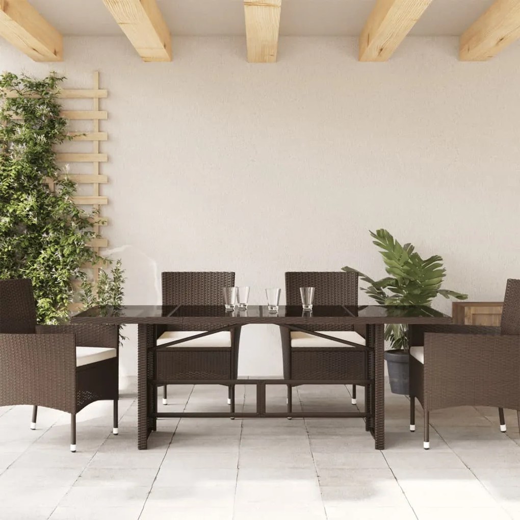 barna polyrattan üveglapos kerti asztal 190x80x75 cm