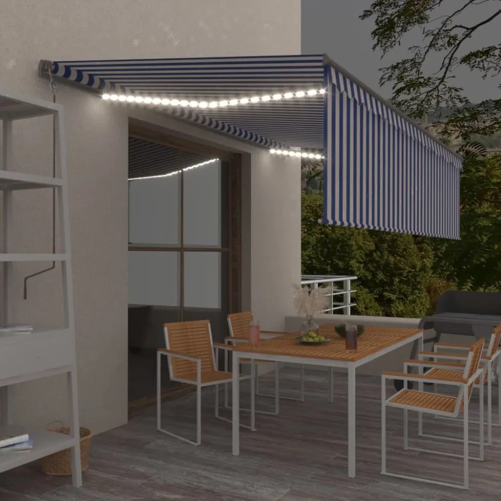 kék és fehér redőnyös, szélérzékelős, LED-es napellenző 5x3 m