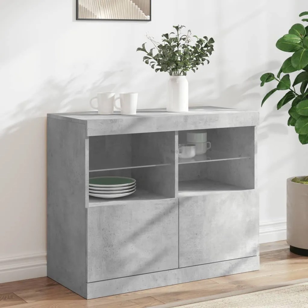 betonszürke tálalószekrény LED-világítással 81 x 37 x 67 cm