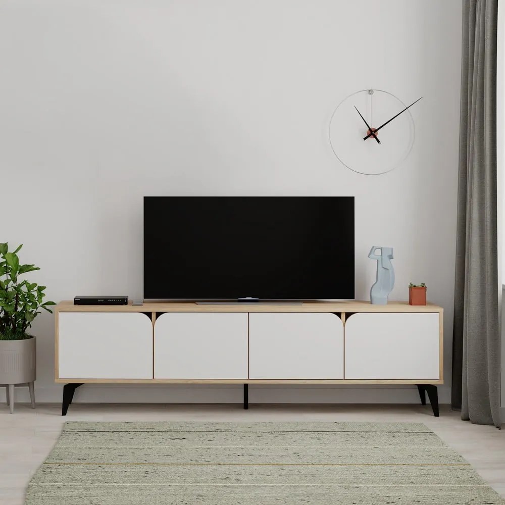 Fehér-natúr színű TV-állvány tölgyfa dekorral 180x51 cm Nola – Marckeric