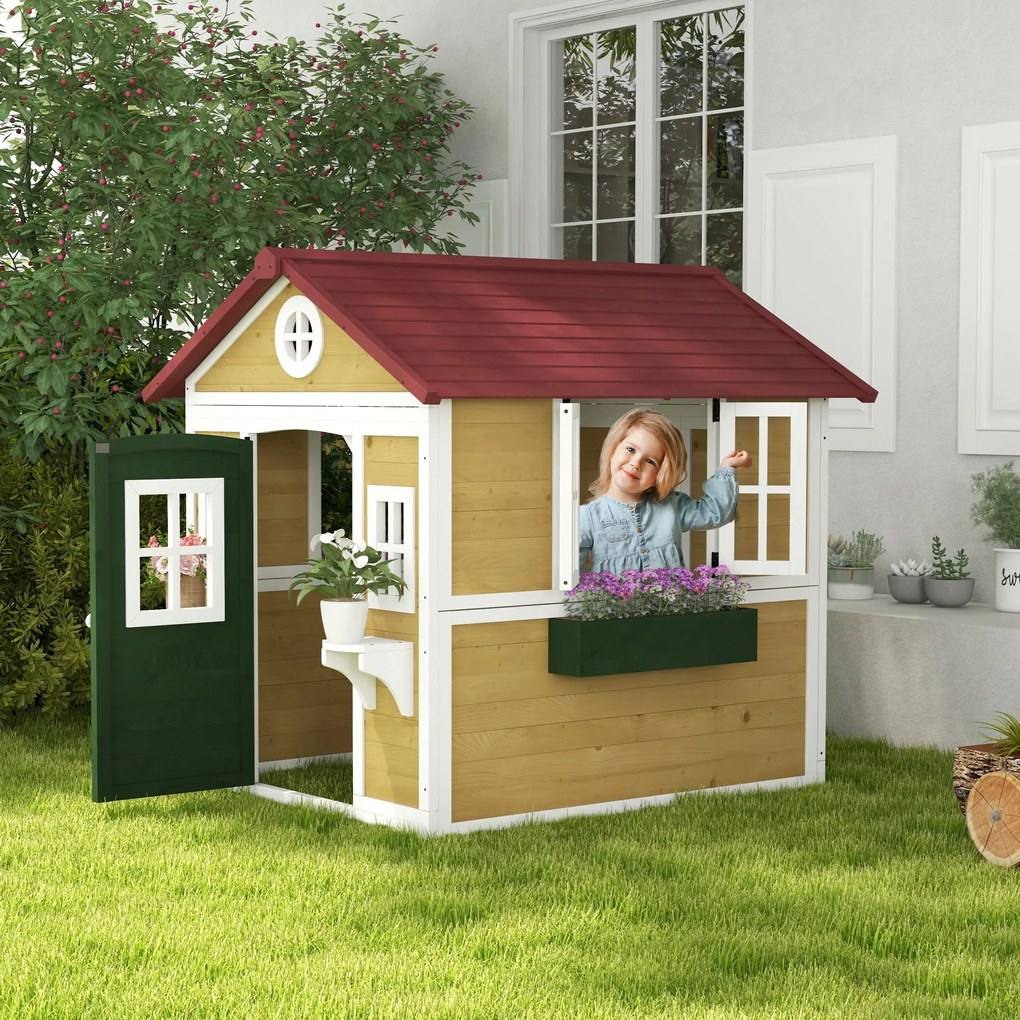 Outsunny Gyermek Kültéri Kabin, Gyermek Ház, ajtóval, ablakokkal és virágtartókkal, gyermekkabink 3-8 éveseknek, 114 x 126.4 x 135 cm, bézs | Aosom