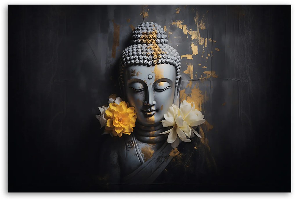 Gario Obraz na plátně Šedý Budha a květiny Méret: 90 x 60 cm