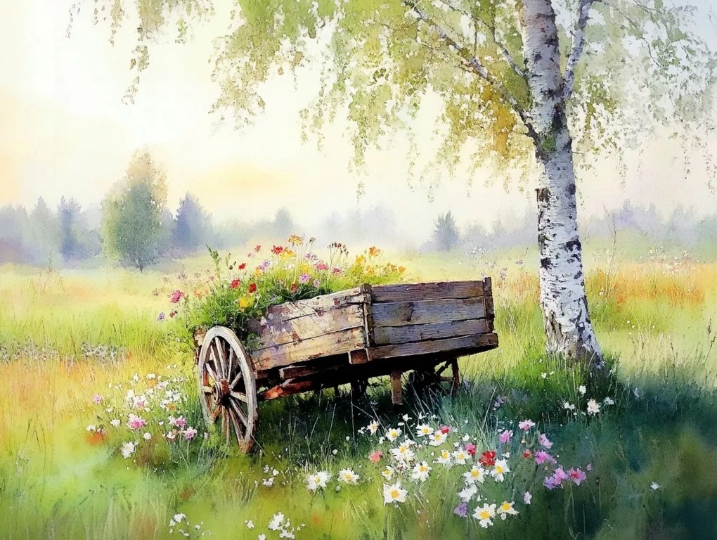 Vászonkép Canvas Tájkép Nyírfa Fa Szekér Virágok 80x60