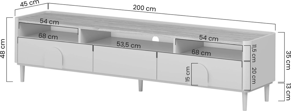 Amilio RTV szekrény 200 cm - kasmír / olajozott tölgy / világos tölgy fogantyú