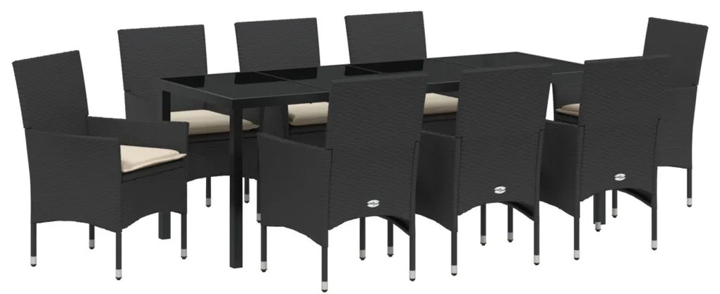 9 részes Kerti Étkezőszett Párnákkal Fekete Poli Rattan, Kerti Asztal Fekete 200x80x73 cm Edzett Üveg