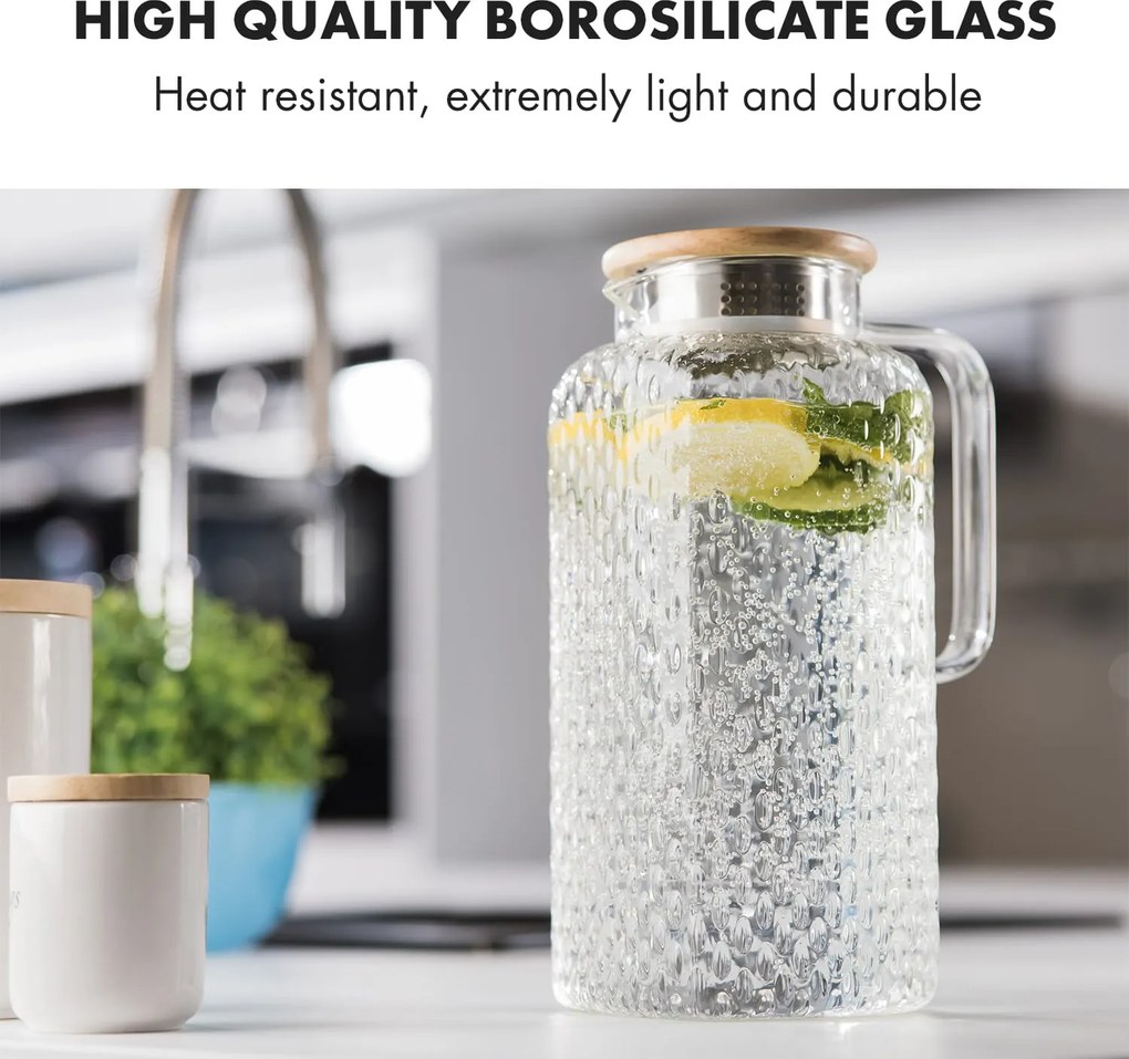 Klarstein Livenza, vizeskancsó, 1,9 L, boroszilikát üveg, rozsdamentes acél szűrő, tölgyfa fedél