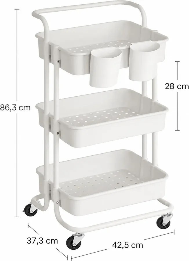3 szintes kerekeken guruló tároló polc, fogantyúval, fehér színben