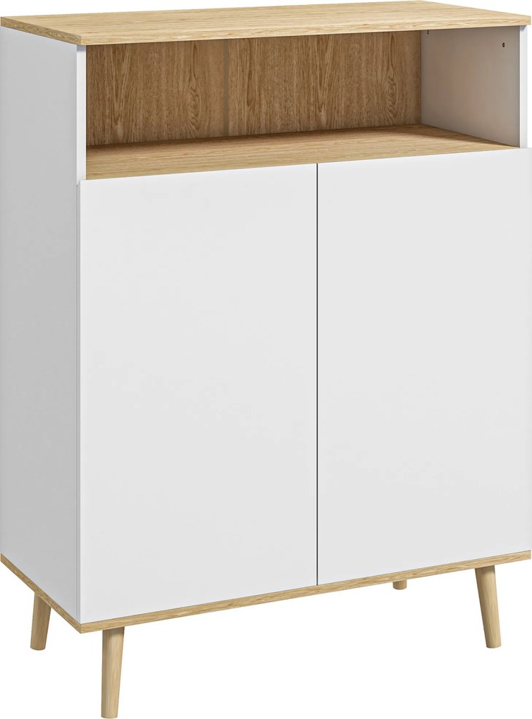 HOMCOM Tároló Szekrény, Konyha Buffé, Állítható Polccal, 2-ajtós Szekrény, 80 x 38 x 102 cm, Skandináv Dizájn, Tömör Fa Lábakkal, Fehér és Fa Árnyalat