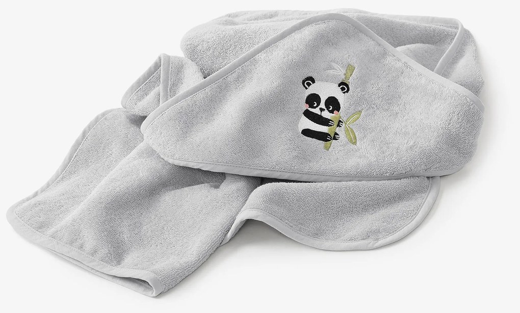 Goldea gyermek frottír fördőlepedő csuklyás - panda világosszürkén 100 x 100 cm