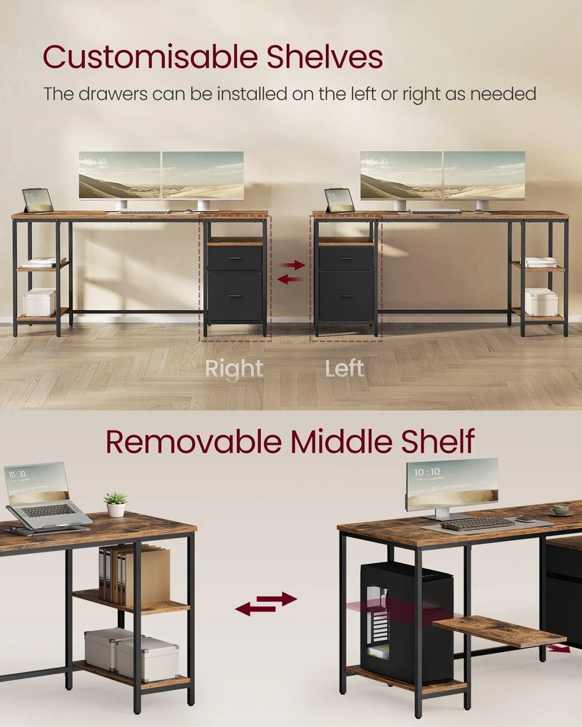 Íróasztal tárolóval, 3 polccal, 2 fiókkal, rusztikus barna-fekete, 160x60 cm