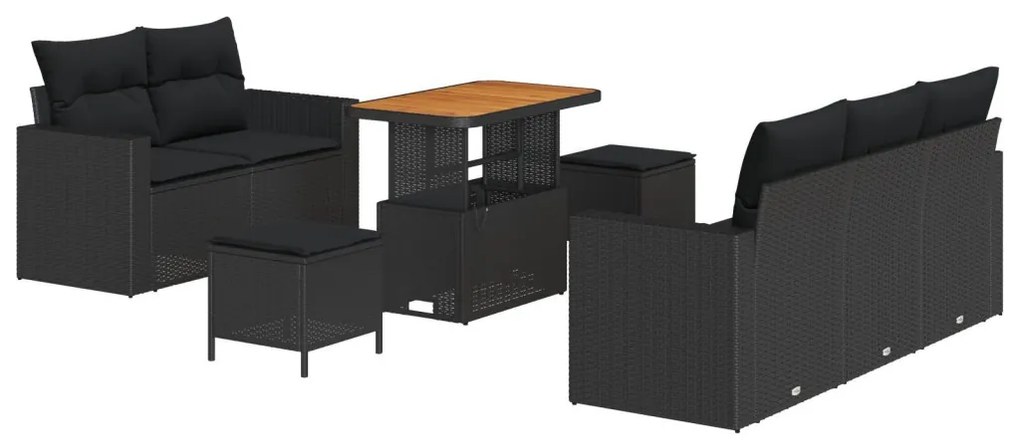 8 darabos kerti kanapé szett párnákkal fekete poly rattan akáccal, 3 darabos kerti étkező szett párnákkal fekete poly rattan akáccal