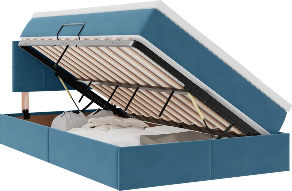 vidaXL Tárolós Ágy matracmal tárolóval Sötét kék 120 x 200 cm Bársony