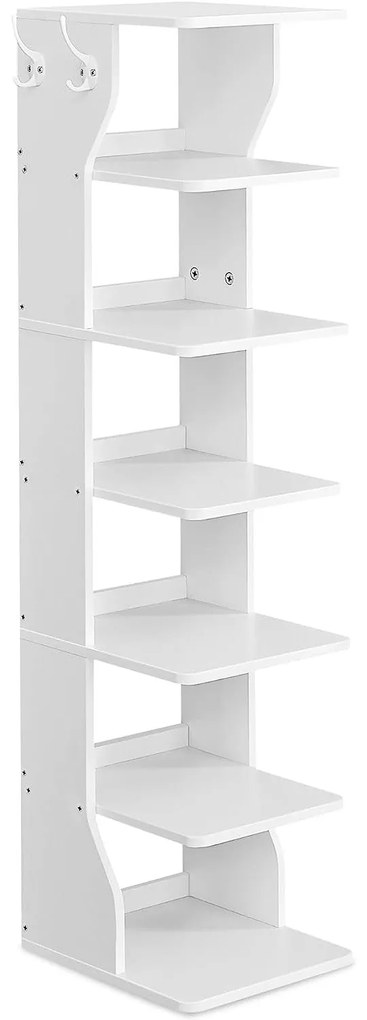 7 szintes keskeny cipőtartó állvány akasztókkal, fehér