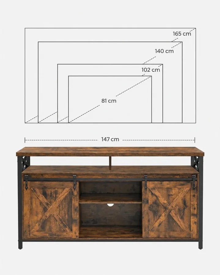 TV-szekrény tolóajtókkal, 147 x 40 x 76 cm, 65 colos TV-hez, rusztikus barna-fekete