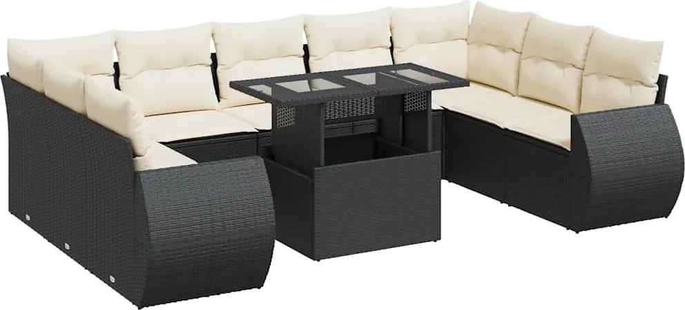 vidaXL 10 részes fekete polyrattan kerti ülőgarnitúra párnákkal