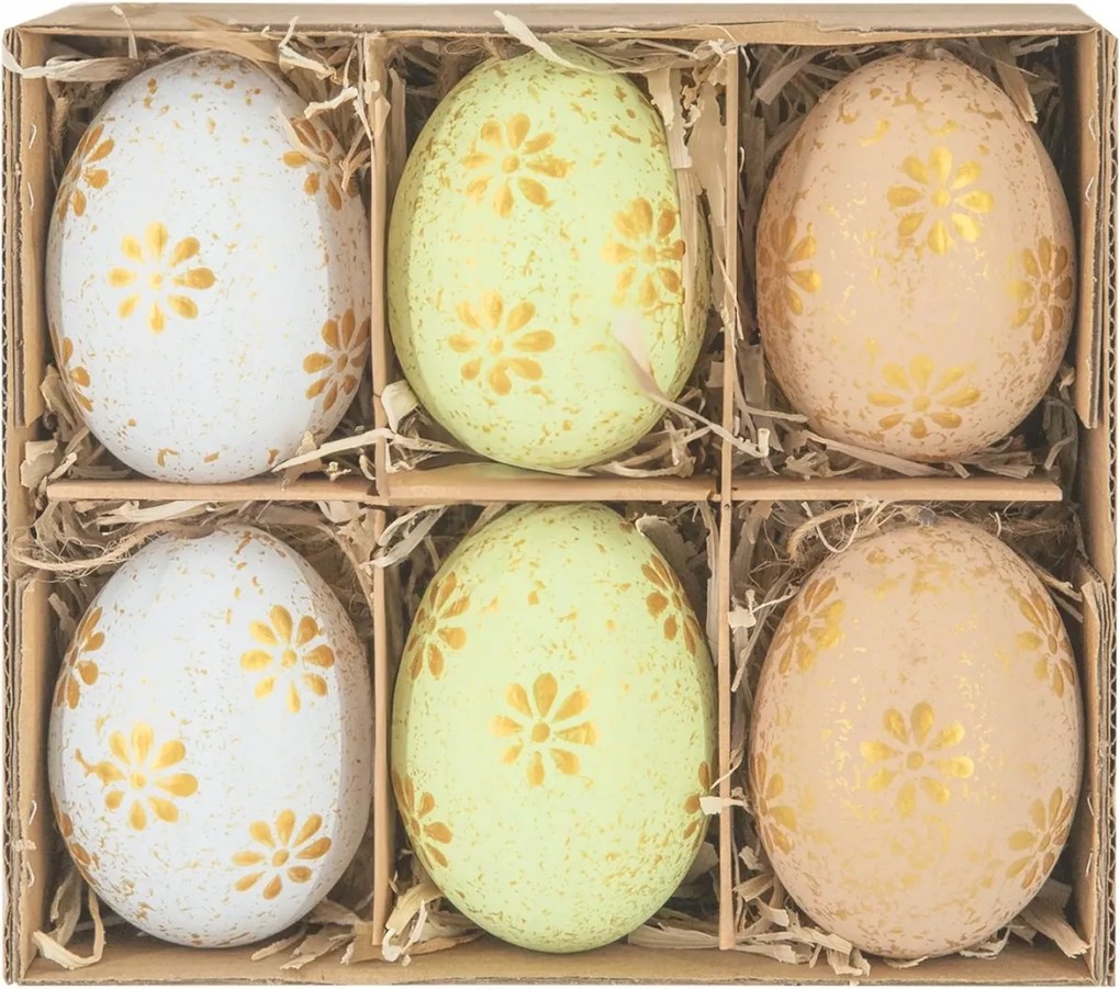 Húsvéti húsvéti tojások natúr fújás arany virágokkal 6db
