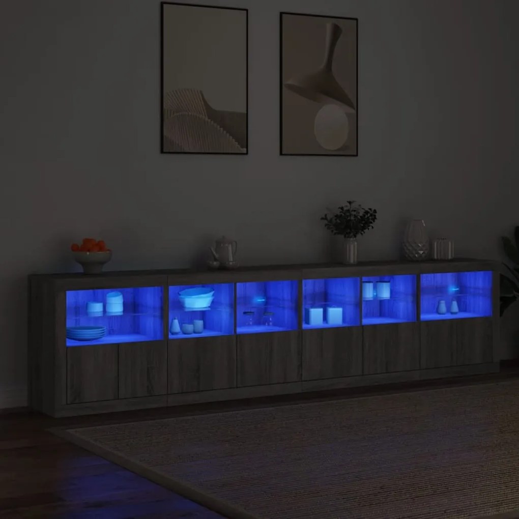 szürke sonoma tálalószekrény LED-világítással 283x37x67 cm