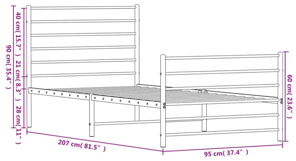 fekete fém ágykeret fej- és lábtámlával 90 x 200 cm
