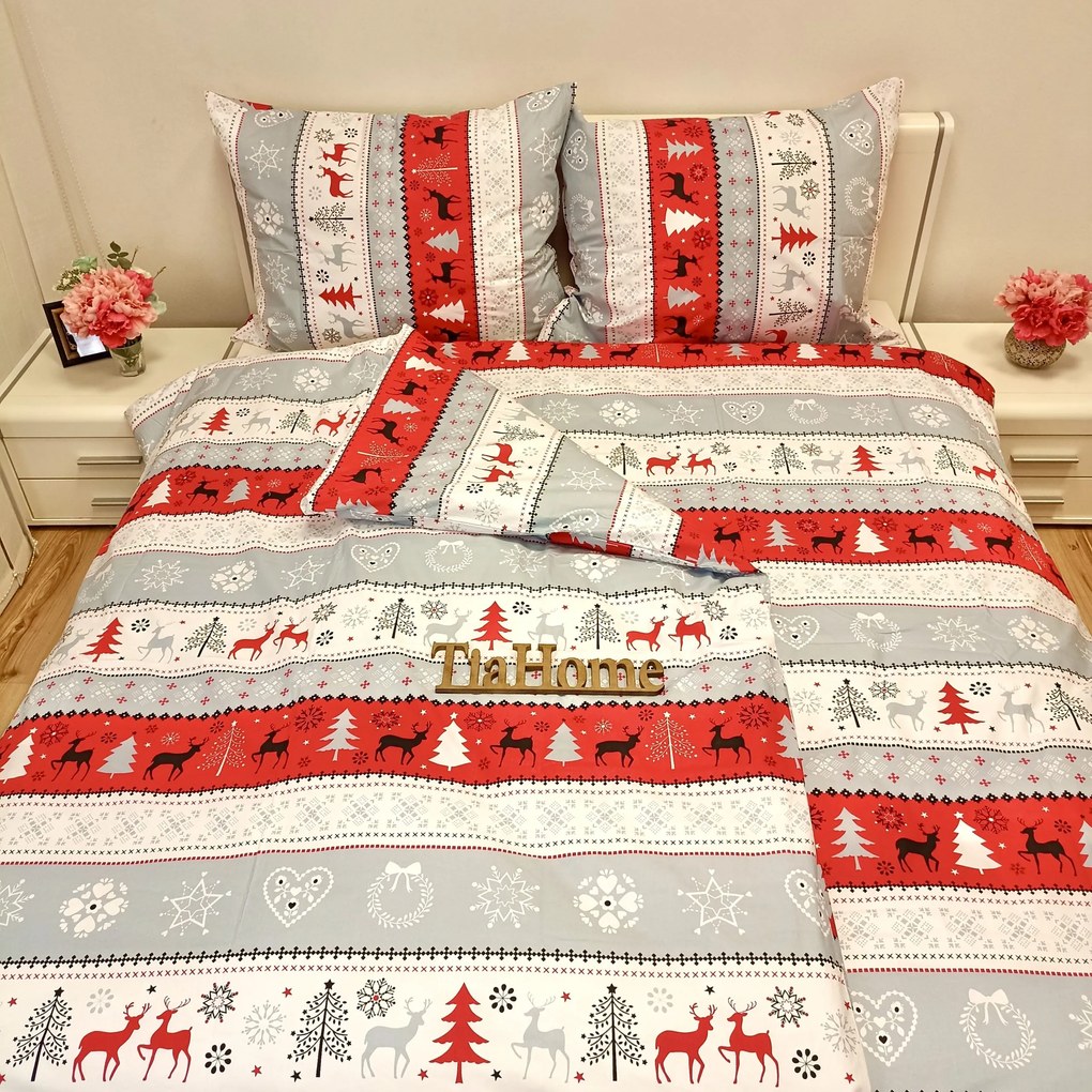 Pamut lepedők Karácsonyi hóember piros TiaHome - 1x Párna 90x70cm, 1x Paplan 140x200cm