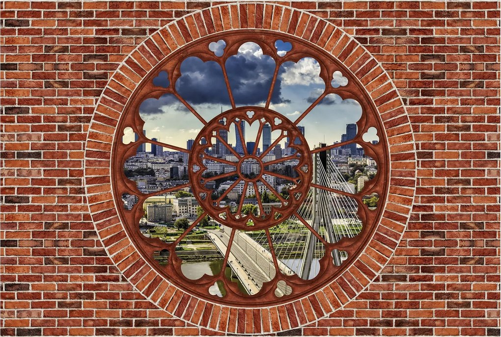 Flizelin fotótapéta Tégla fal ablakkal a városra 300x210 +ragasztó