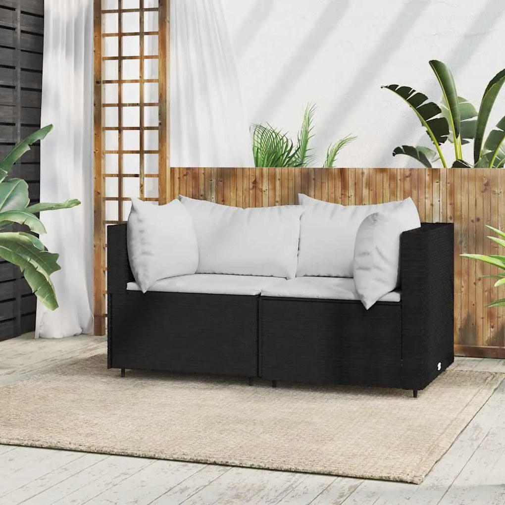 2 db fekete polyrattan kerti sarokkanapé párnákkal
