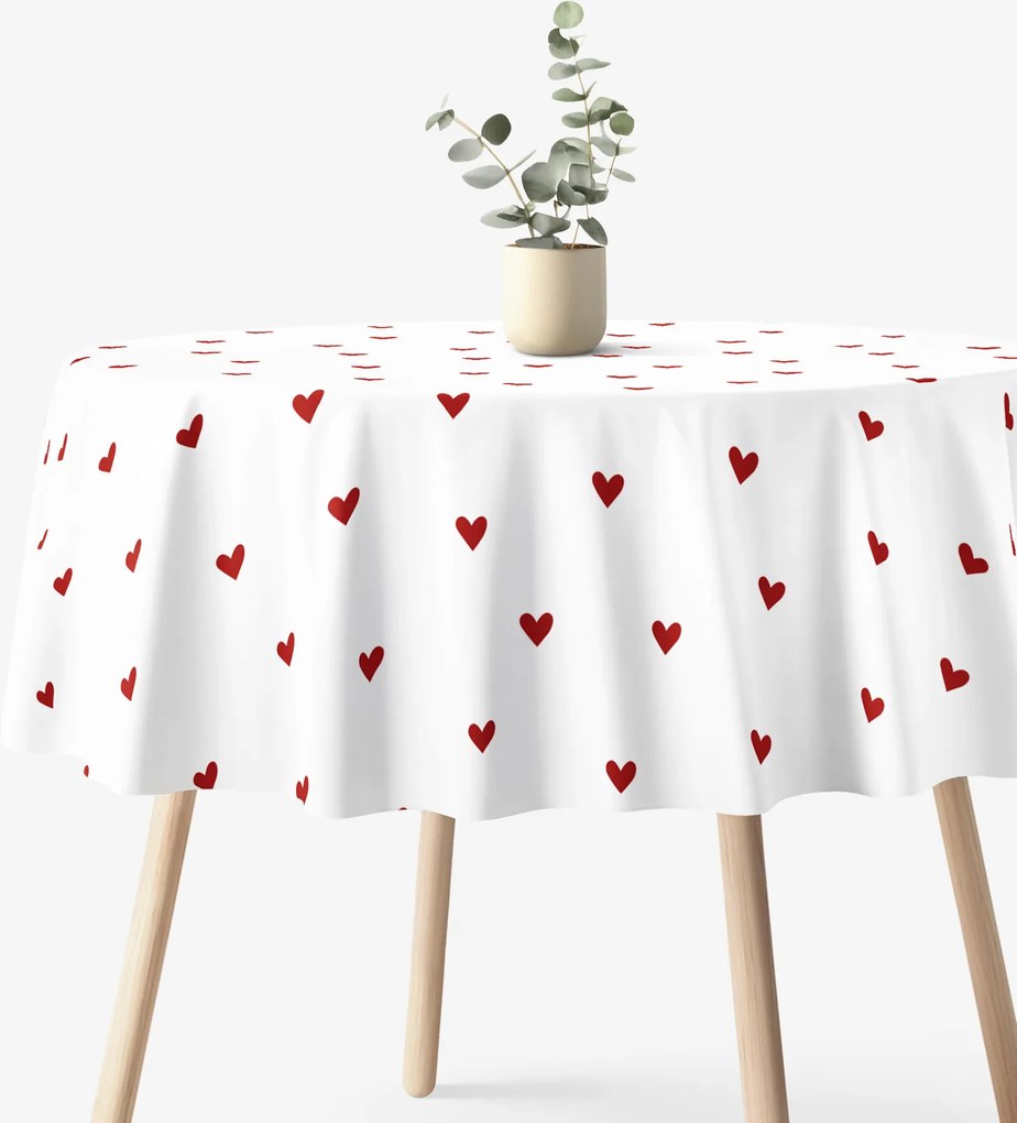 Goldea kör alakú pamut terítő - piros szívecskék, fehér alapon Ø 150 cm