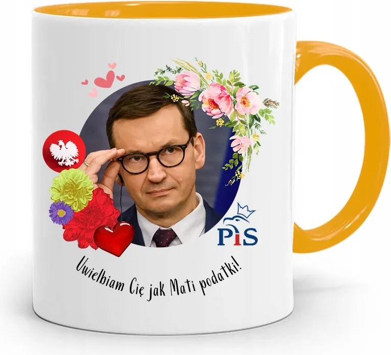 Sárga Politikus Bögre Mateusz Morawiecki Miniszterelnök fényképes nyomtatással