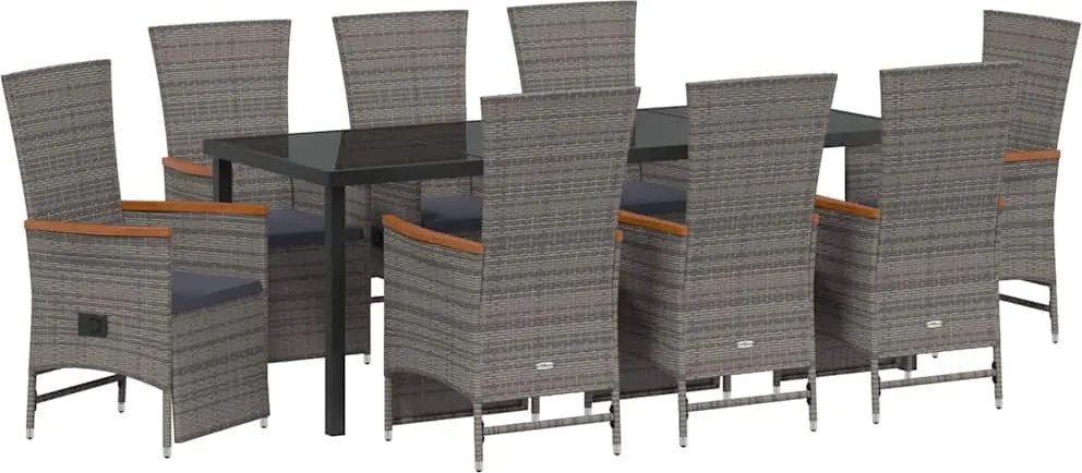 vidaXL Kert étkező szett párnával 9 pcs Szürke polirattan