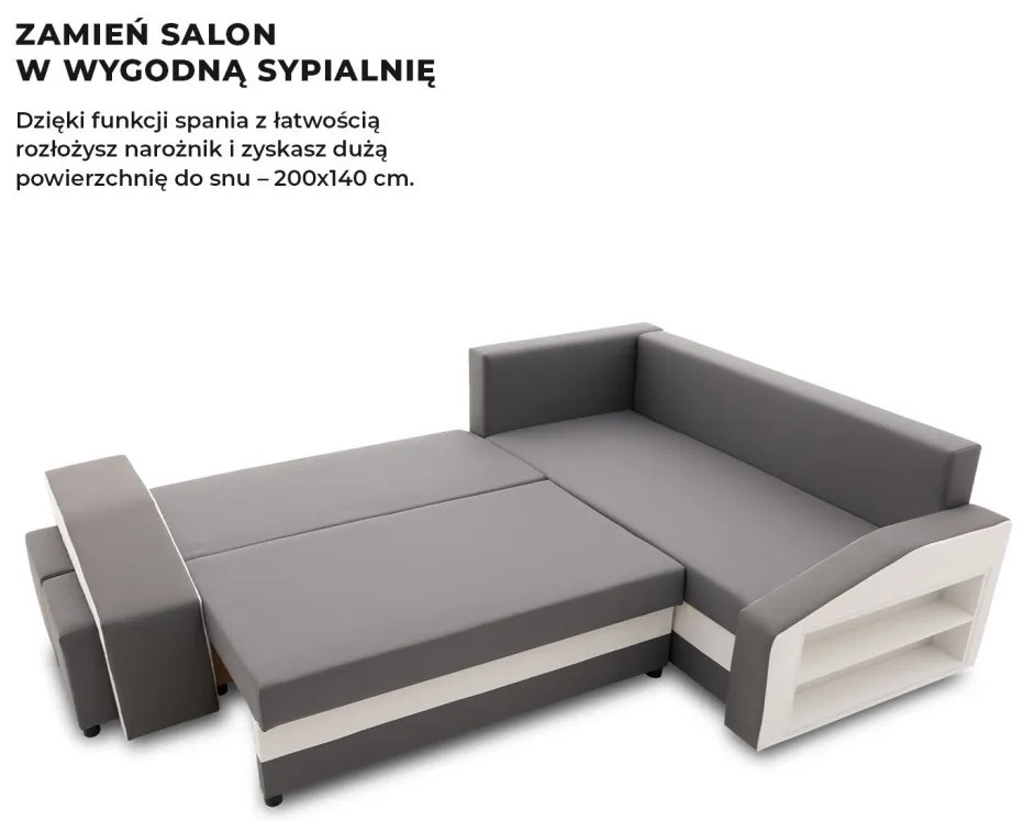 Grande sarokkanapé polcokkal és puffokkal , polc a jobb karfaban puffok a bal karfaban, jobboldali, szövet anyag, bonell töltet, szürke - fehér