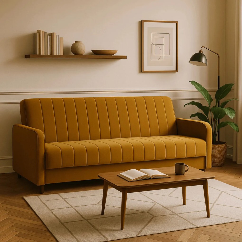 Dönthető kanapé mustársárga színben, bársony kárpittal, PORTO