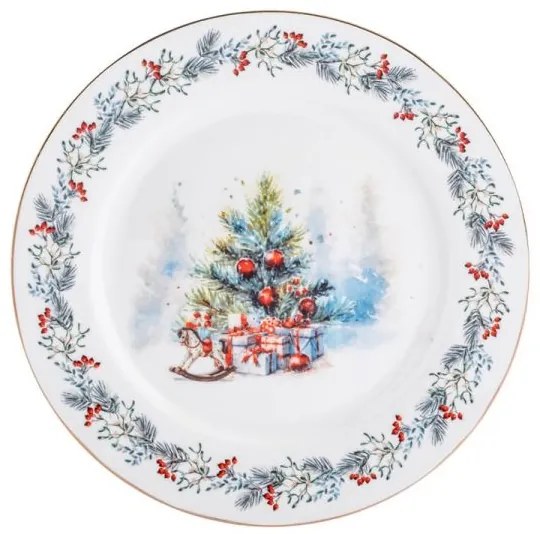 Karácsonyi fenyőfás hintalovas porcelán desszertes tányér - 20 cm