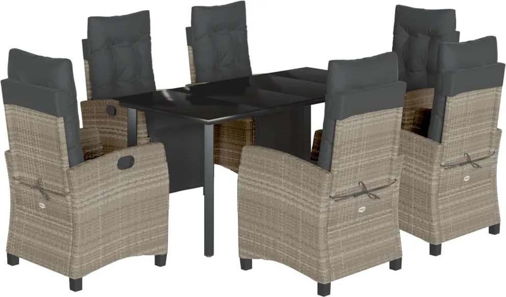 vidaXL 7 részes világosszürke polyrattan kerti étkezőszett párnával