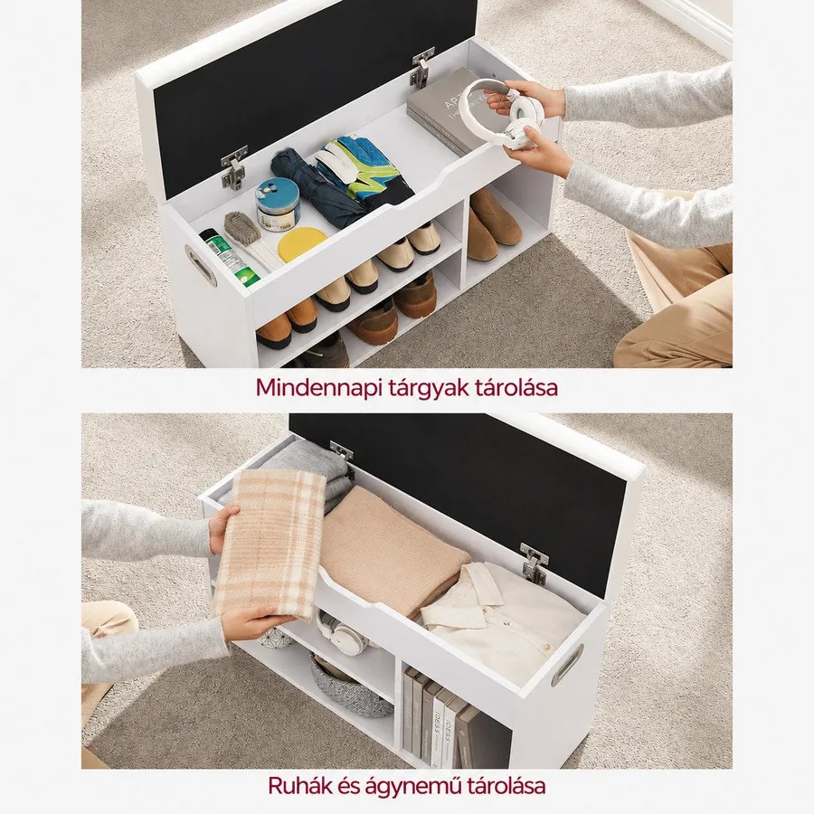 SONGMICS párnázott cipőpad ülés alatti tárolóval, 3 nyitott rekesszel, 80 cm, fehér