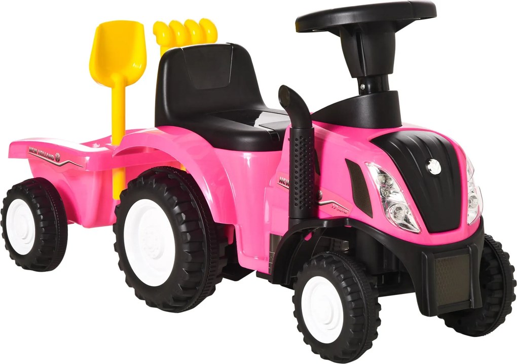 HOMCOM Pedál nélküli Traktor Gyermekeknek 12-36 Hónap Ráfoghó Autó Kihúzható Furgonnal, Kürt, Fények, Padló Ülés, 25 kg Teherbírás, 91x29x44 cm Rózsas