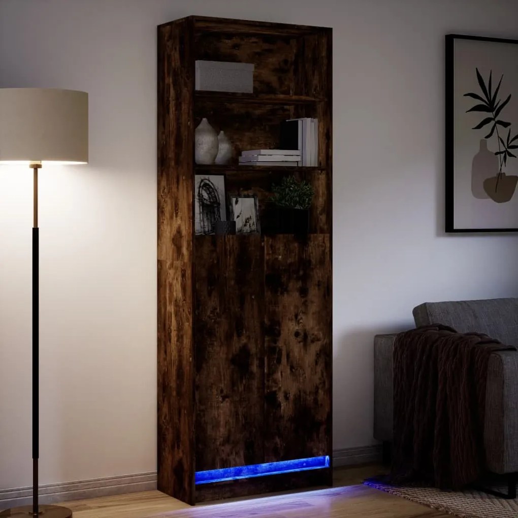 füstös tölgy szerelt fa magasszekrény LED-ekkel 69x32,5x200 cm
